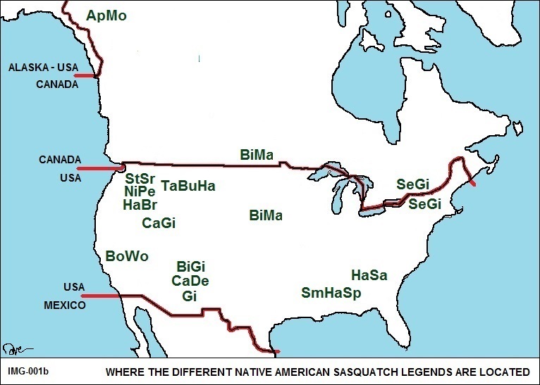 Where the different Native American Sasquatch legends are located